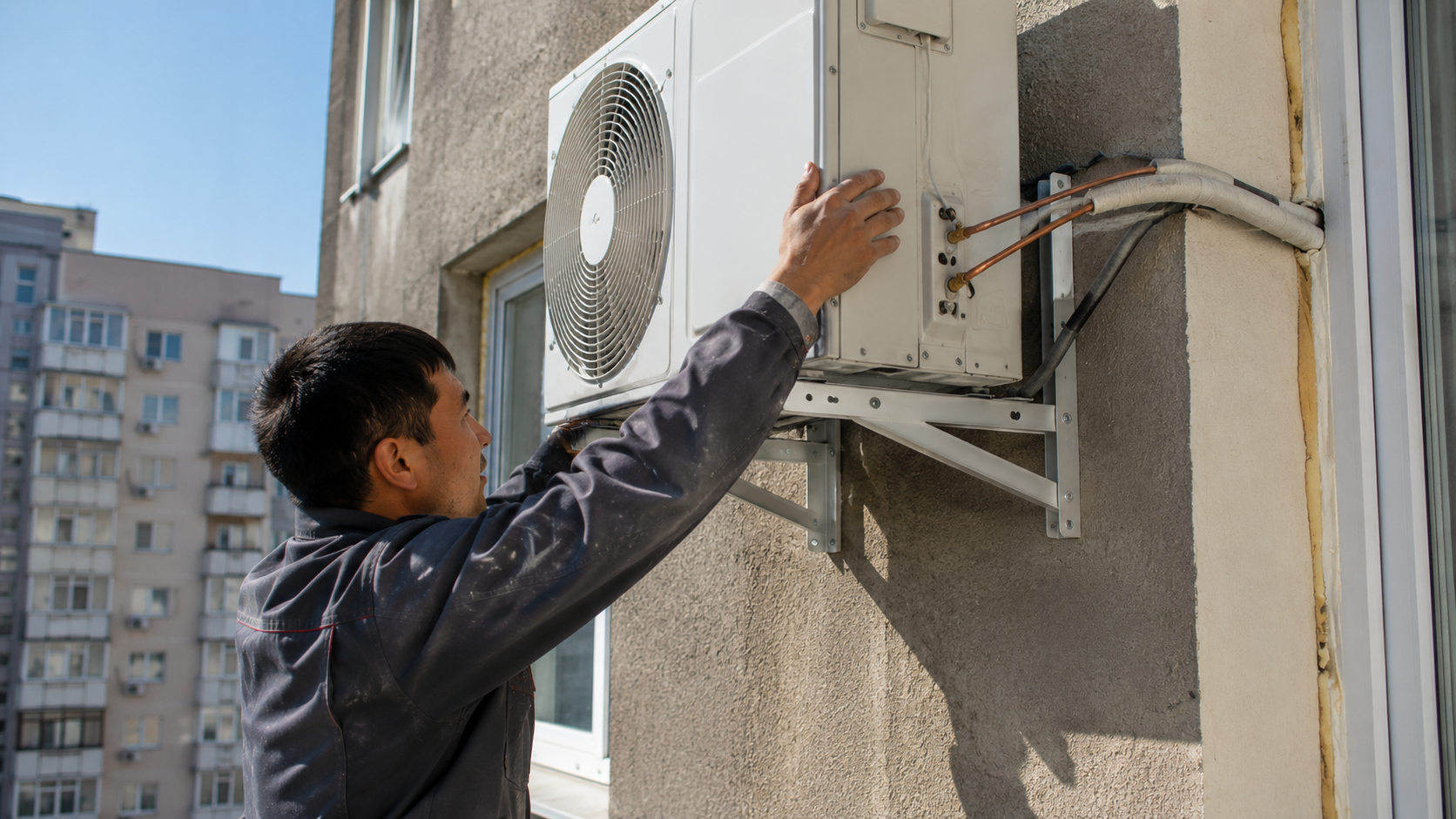 Мастер в спецодежде монтирует наружный блок сплит-системы на стене многоэтажки в солнечный летний день в Шымкенте
