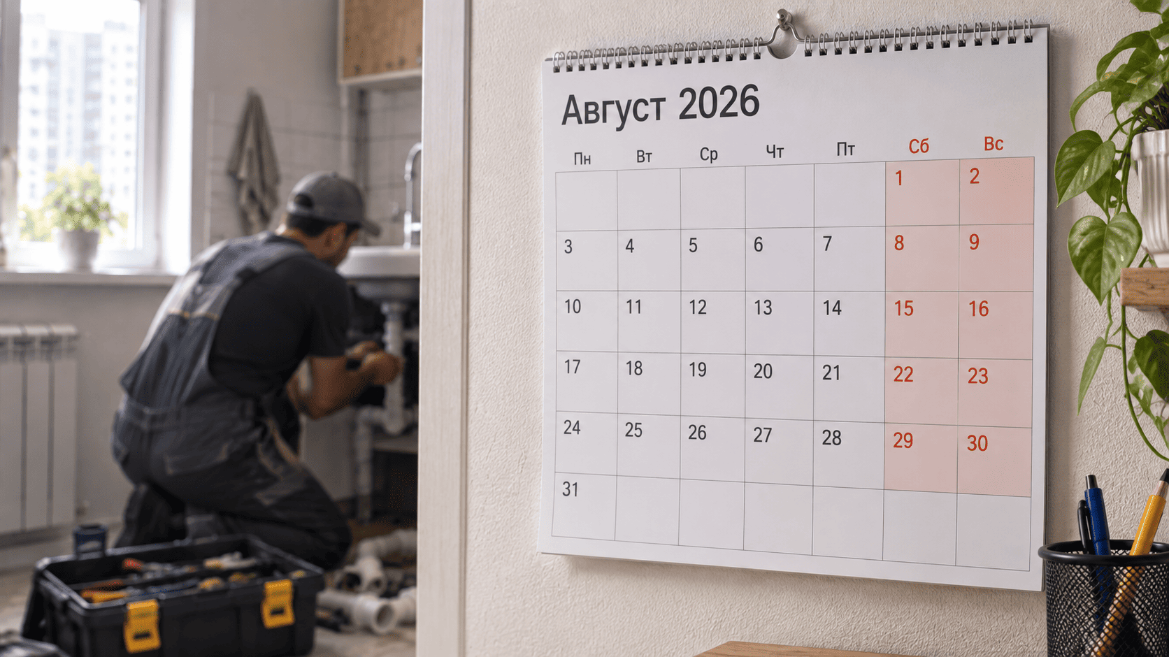 Настенный календарь на август 2026: выходными отмечены только субботы и воскресенья, на фоне силуэт мастера